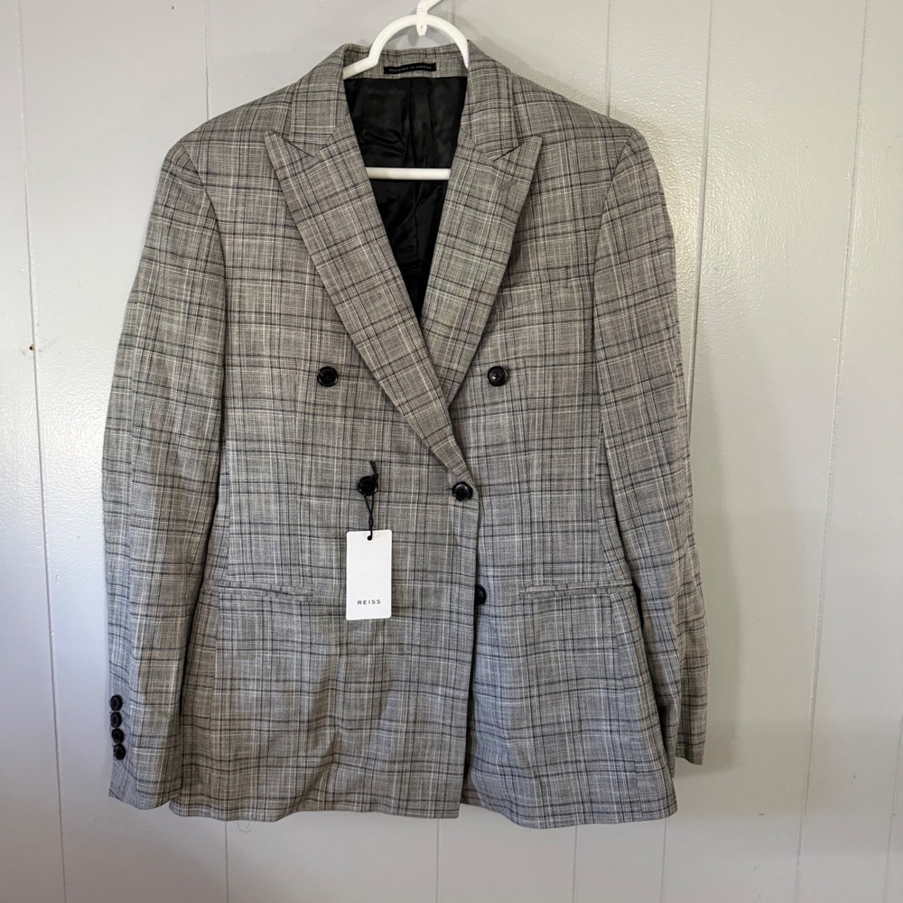 Reiss B Blazer Mens 36 Grey Glen‎ Plaid Double Breasted Tailored Jacket